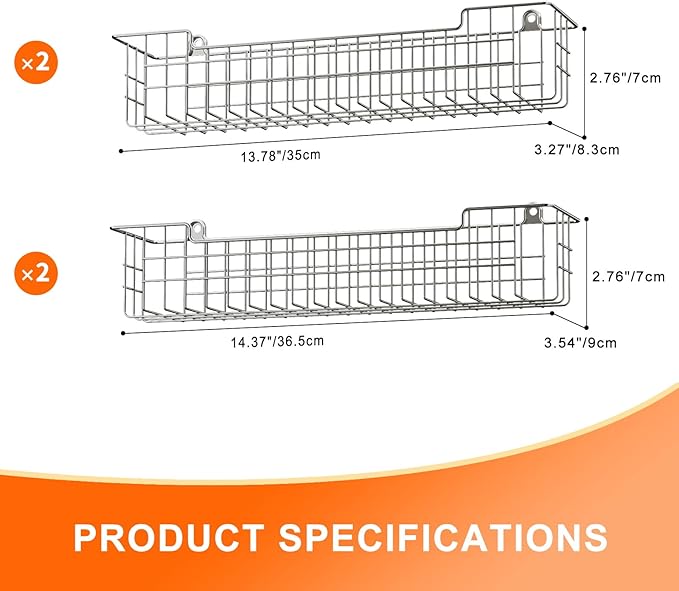 Spice Rack Wall Mount, 4-Pack Seasoning Organizer for Kitchen Storage Organization, Spice Holder Shelf Saving Space for Cabinet, RV, Pantry, Silver