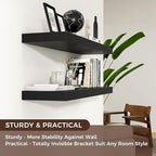 Floating Shelves - 2 Large Wall Mounted Shelves with Invisible Brackets, Long Wood Floating Wall Shelf for Living Room, Bedroom, Kitchen (Black, 36" W x 9" D x 1.5" H)