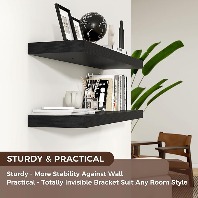 Floating Shelves - 2 Large Wall Mounted Shelves with Invisible Brackets, Long Wood Floating Wall Shelf for Living Room, Bedroom, Kitchen (Black, 48" W x 9" D x 1.5" H)