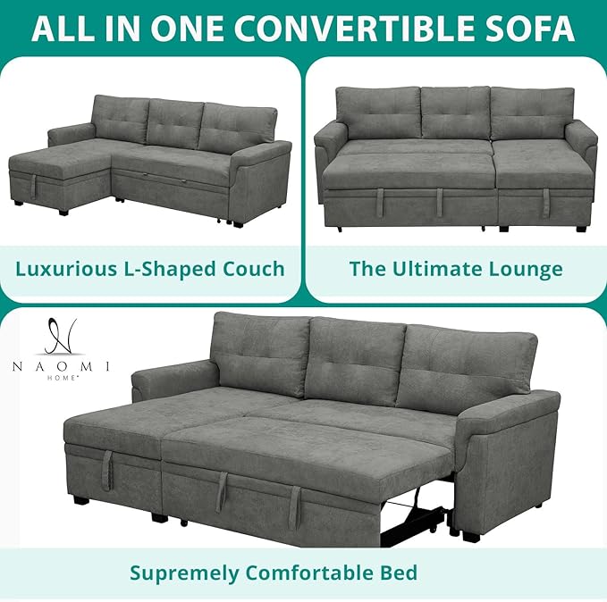 Naomi Home Transform Any Space: Sleeper Sectional Sofa with Convertible Sofa Bed & Inviting Chaise. Find Tranquil Comfort with Stress-Relieving Design & Durable Cushions - Gray/Velvet