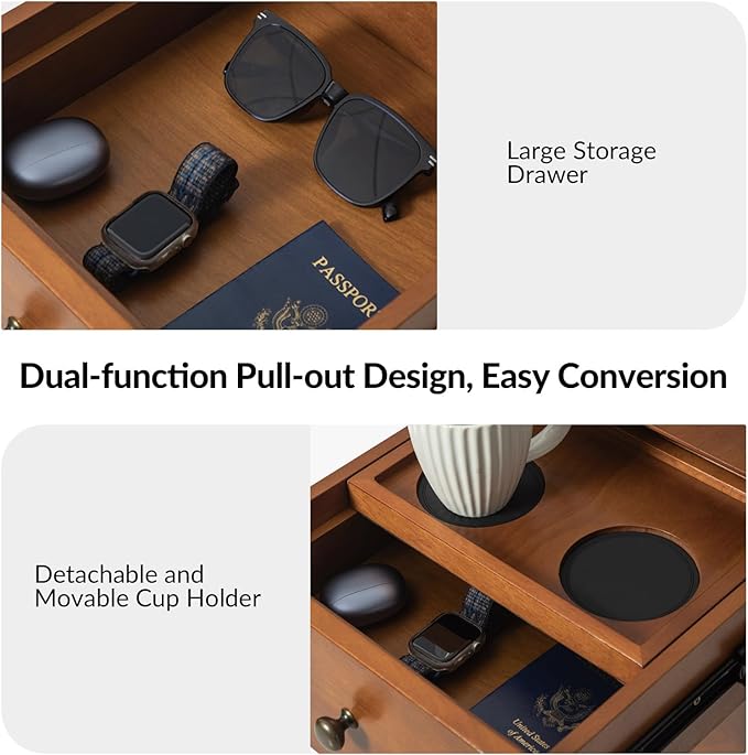 HULALA HOME End Table with Drawer and Charging Station, Modern End Table with USB Ports and Outlets, Wooden Side Table with Storage-Acorn