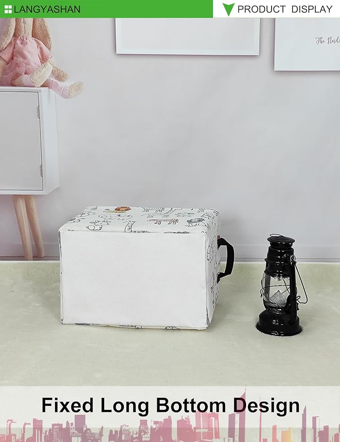 LANGYASHAN Rectangular Storage Bin Collapse Canvas Fabric Cartoon Storage Basket with Handles for Organizing Home Kitchen Boys and Girls Toys Office Closet Shelf Baskets (Rec Simplified Zoo)