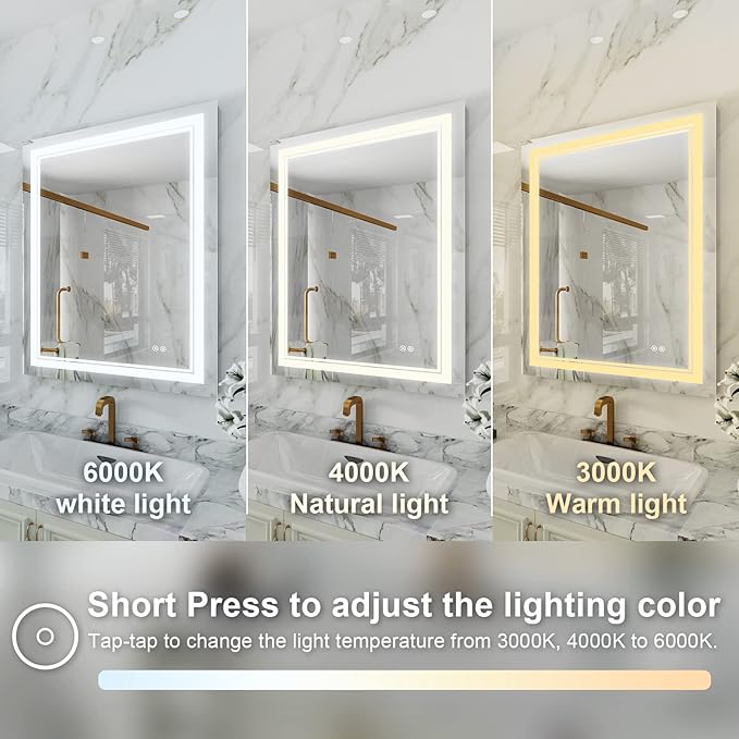 WELLFOR LED Bathroom Vanity Mirror 28 x 36 Inch, Lighted Anti-Fog Dimmable Mirror, IP44 Waterproof Wall Mounted Makeup Mirror, Packed with US Standard Plug and Touch Switch, (Horizontal/Vertical)