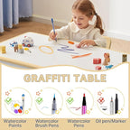 Kids Study Table and Chairs Set, Height Adjustable Toddler Table and Chair Set for Kids Ages 3-8, Graffiti Desktop (Light Brown)