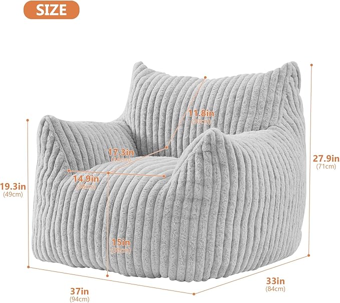 Giant Bean Bag Chairs for Adults with Filling Plush Fluffy Bean Bag Chairs for Teens with Armrests Comfy BeanBag Lazy Couch Sofa Chair for Bedroom Living Room Reading