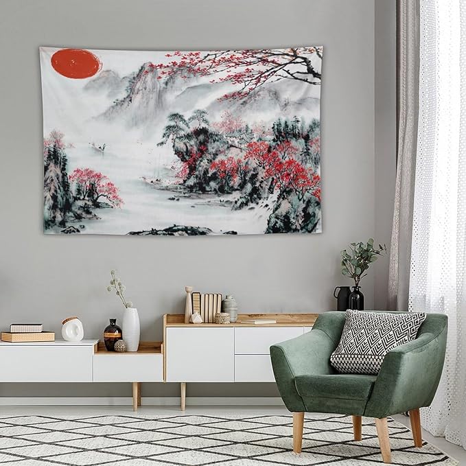 Cherry Blossoms Tapestry,Japanese Red Landscape Asian Watercolor Abstract Art Tapestry, Asian Japanese Wall Tapestry, Nature Landscape Tapestries for Bedroom Living Room Decor 90"x60"