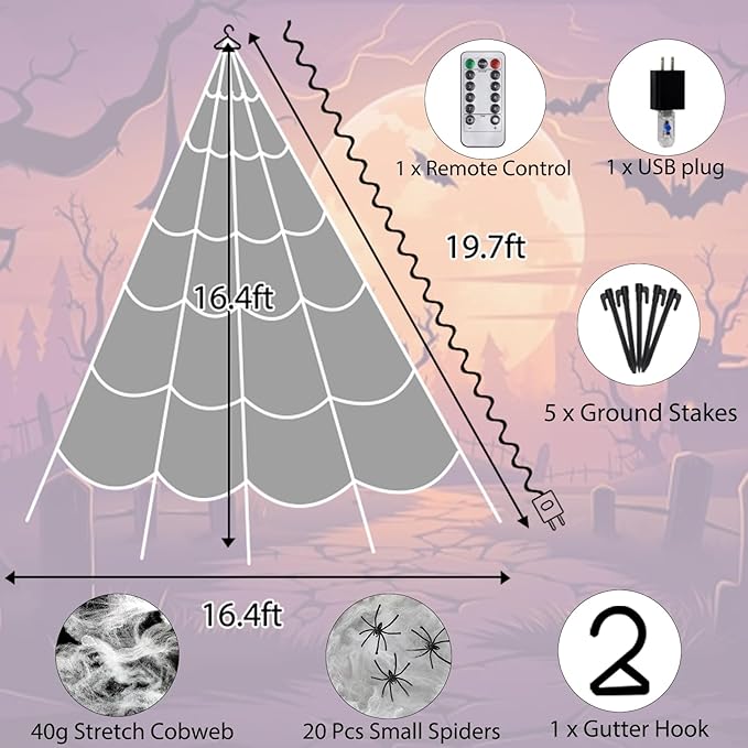 Halloween Spider Web Lights 550 LED Lighted Spider Web 16.4Ft Giant Halloween Decorations Light up with 8 Lighting Modes Waterproof & Timer for Indoor Outdoor House Haunted Yard Decor, Purple & Orange