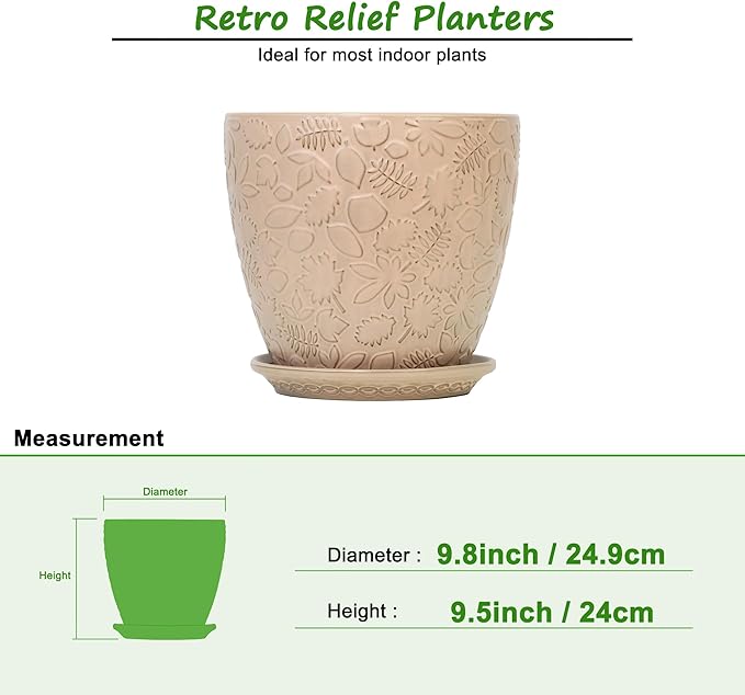 10inch Retro Ceramic Planter with Drainage Hole and Saucer for Multiple Plants, Indoor-Outdoor Garden Pots for Succulent, Orchid, and Flower (Fits Inner Pots Up to 9 Inch, Retro Peach)