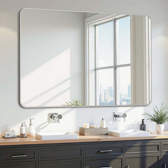 Bathroom Mirror 55" x 36", Large Rectangle Wall Mirror, Silver Metal Frame Wall Mounted Mirrors for Bathroom, Vanity, Bedroom, Entryway Decor(Horizontal/Vertical)
