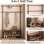 Coat Rack with Shoe Storage, Wooden Hall Tree with Bench, 11 Hooks and 2-Tier Storage Shelves, 3-in-1, Entryway Bench with Coat Rack (39.3"-Walnut)