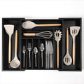 Premium Silverware, Flatware and Utensil Organizer for Kitchen Drawers, Food-Safe Contract Grade, Expandable from 14.5 to 25 In, Black Bamboo