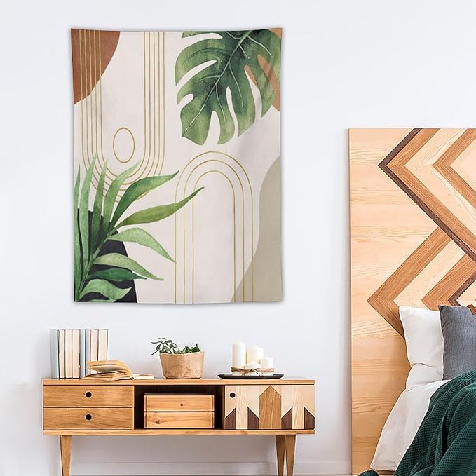 Abstract Boho Tapestry, Mid Century Tropical Tree Leaves Modern Geometric Arch Bohemian Botanical Tapestry, Home Aesthetic Wall Hanging Art Decor for Living Room Bedroom Dormitory 50x60 Inch