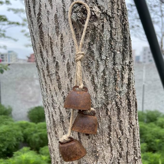 2pc Rustic Charm Bell - Handmade Hemp Rope Wind Chimes Hanging Decoration, Distressed Finish Cow Bell with Jute Hanging Rope, Perfect for Front Door, Outdoor, Window, and Home Decor,
