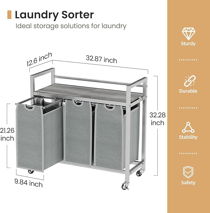 Laundry Hamper, Laundry Basket, Laundry Sorter with 3 Removable Bags, Clothes Basket with 3 Compartments, Wheels, Shelf for Laundry Room Bathroom Bedroom (3 Bags-Gray)