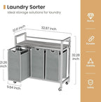 Laundry Hamper, Laundry Basket, Laundry Sorter with 3 Removable Bags, Clothes Basket with 3 Compartments, Wheels, Shelf for Laundry Room Bathroom Bedroom (3 Bags-Gray)