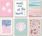 6 Pcs Coastal Beachy Wall Art Tropical Summer Shell Ocean Paintings Prints Posters Trendy Pink Preppy Palm Tree Canvas Wall Decor Aesthetic for Bedroom Living Room Dorm Apartment 8x10inch Unframed
