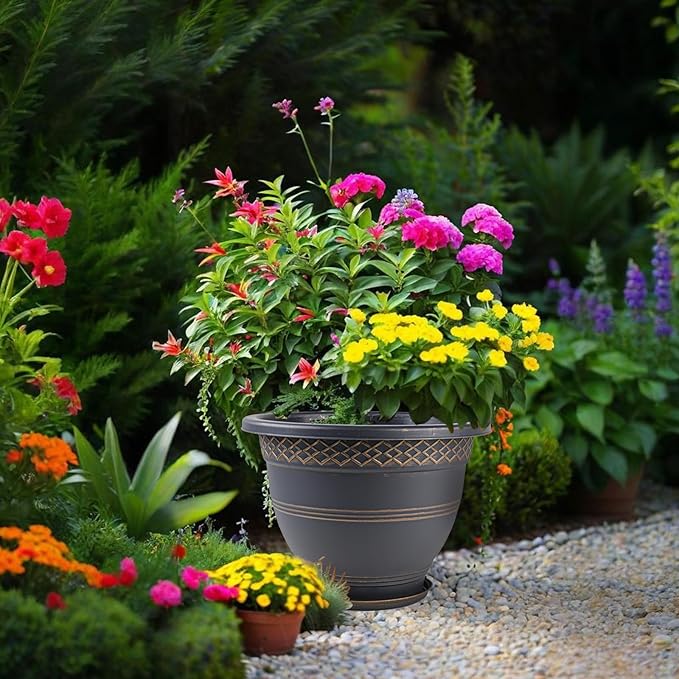 4 Pack 16 Inch Large Plant Pots, Plastic Flower Pot for Indoor & Outdoor with Drainage Holes & Saucer, Plaid Pattern Planters Garden Pots for Herbs Gold