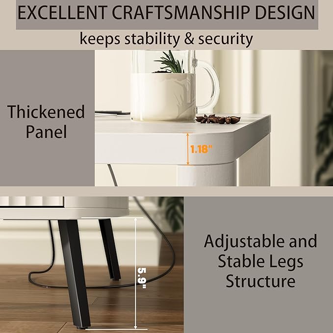 Nightstand with Charging Station, 24" End Table Side Table with Open Shelf, Modern Large Wood Fluted Bedside Cabinet for Bedroom, Living Room, White