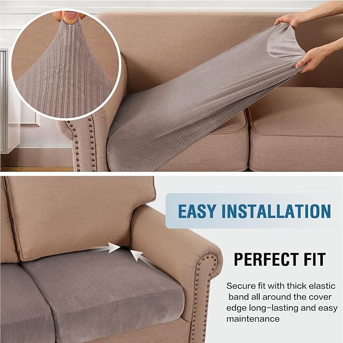 H.VERSAILTEX Velvet Stretch Couch Cushion Cover Plush Cushion Slipcover for Chair Loveseat Sofa Cushion Furniture Protector Seat Cushion Sofa Cover (2 Piece Medium Sofa Cushion Covers, Taupe Striped)