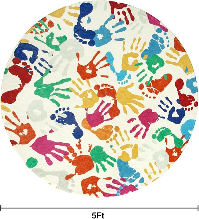 STARUIA Colorful Round Kids Rug 5 Ft, Machine Washable Rug for Playroom, Non-Slip Circle Rugs for Classroom, Soft Circular Carpet Handprints and Footprints Play Mat for Nursery Bedroom Preschool