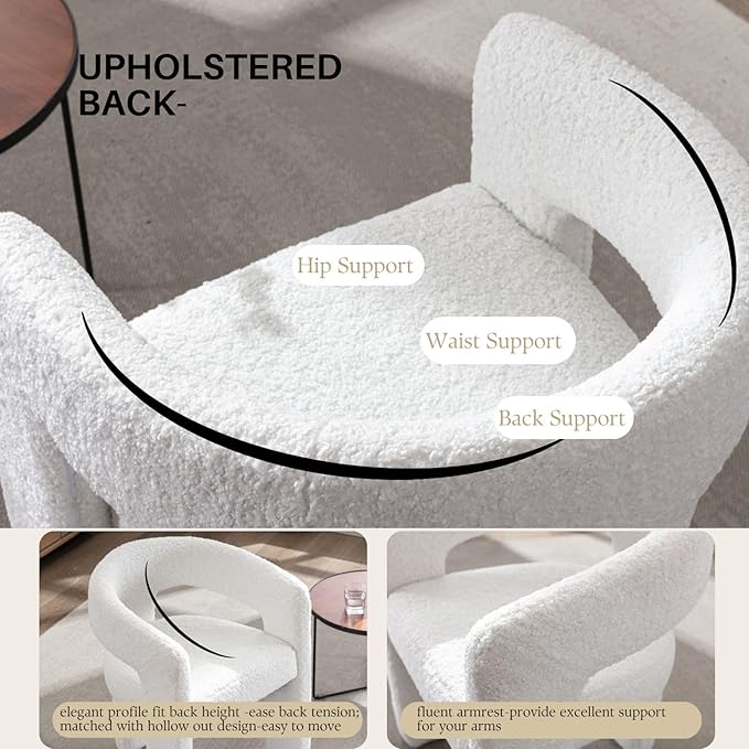 White Boucle Dining Chairs Set of 2, Modern Barrel Dining Room Chairs Upholstered Faux Fur Accent Chair with Arms and Round Back for Living Room Kitchen Armchair No Assembly Needed