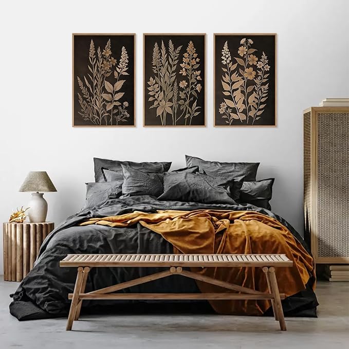 HLNIUC Vintage Botanical Fern Framed Canvas Wall Art Set,Black and Tan Plant Leaf Wall Decor,Netural Minimalist Herb Floral Art Print,Modern Farmhouse Wall Painting for Living Room,Bedroom - 16”x24”x3
