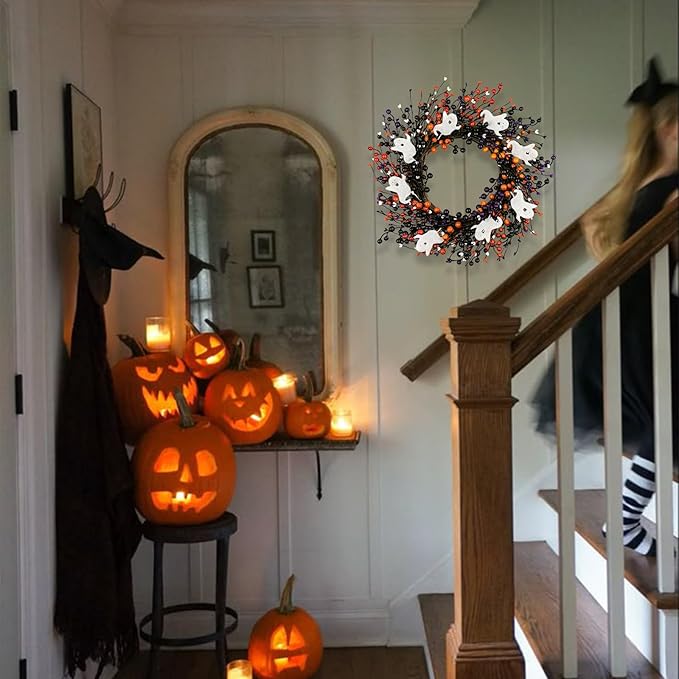 20-Inch Halloween Wreath - Handmade Orange & Black Berry Wreath with Adorable Mini Ghosts, Spooky Front Door Decor for Halloween Party