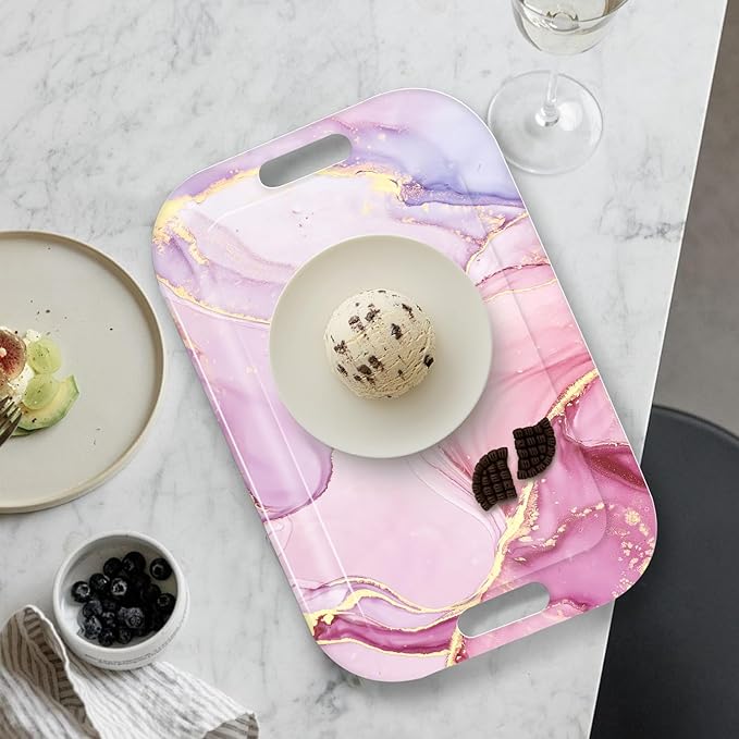 Serving Trays with Handles, 14.5 x 9.8 inch Rectangular Plastic Tray for Restaurant, Kitchen, Painting of Pink and Gold Marble