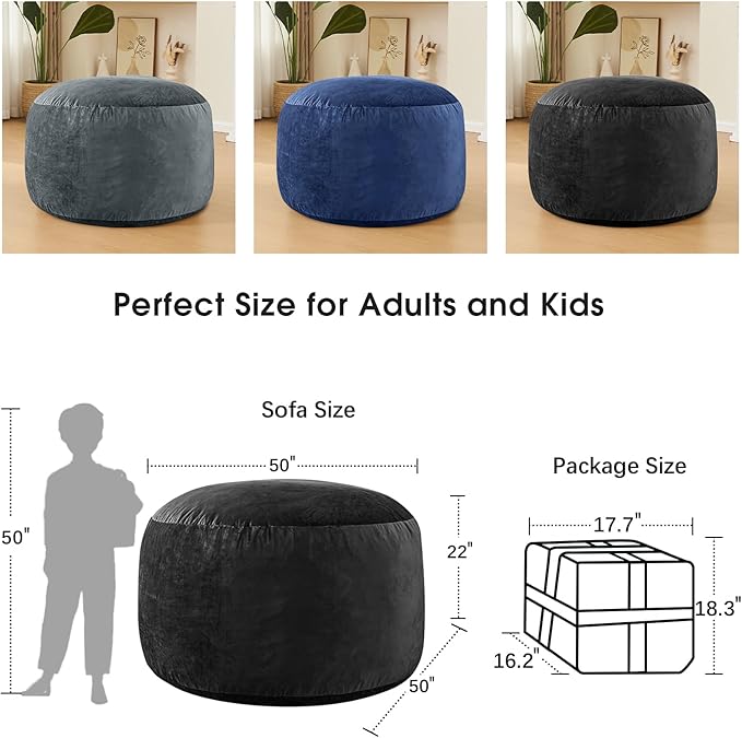 Bean Bag Chairs for Adults - Memory Foam Furniture BeanBag Chair - Kids/Teens Sofa with Soft Micro Fiber Cover - Round Fluffy Couch for Living Room Bedroom College Dorm - 5 ft, Carbon Black