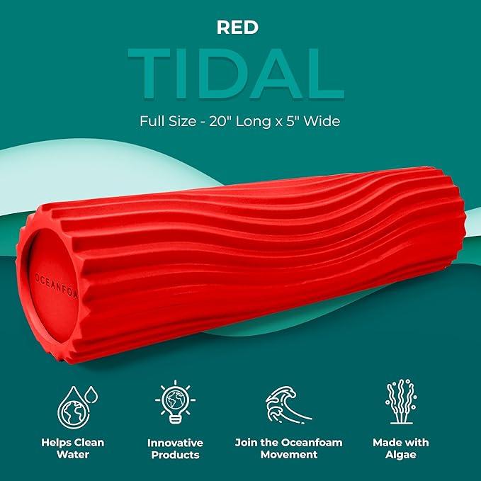 Oceanfoam Tidal Roller - Red - Muscle Massage Foam Roller for Back Pain & Stretching - Firm and Ergonomic Wide Wave Textured - Yoga, Athletics, & Wellness - Full Size, 20" x 5"