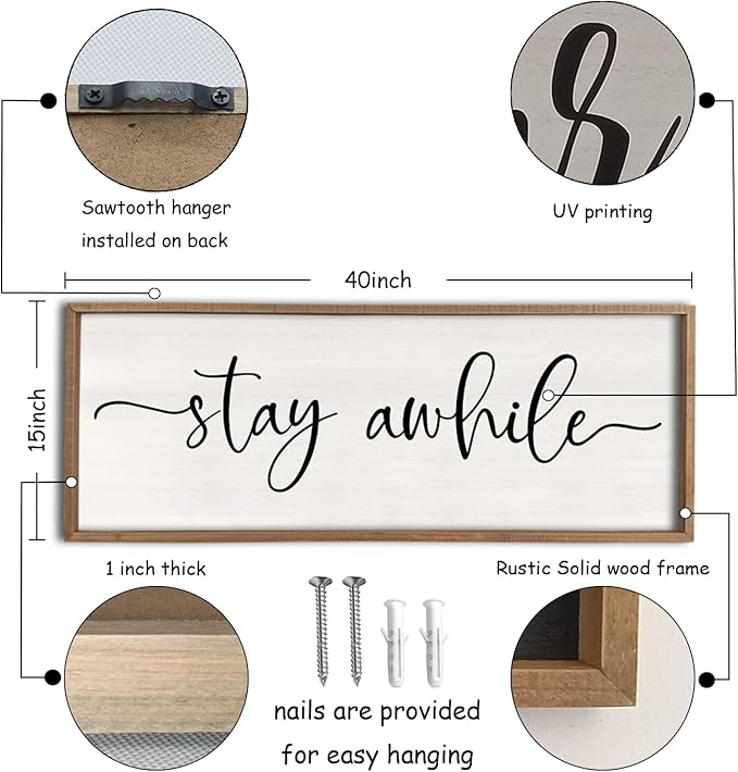 Stay Awhile Sign Wall Decor 40"X15" Large Solid Wood Frame For Hallway Living Room Entryway Farmhouse Wall Art Lets Stay Family Home Rustic Hanging Decoration (Wood)