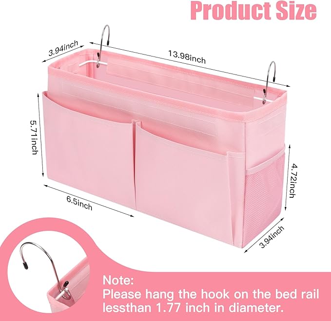 Bedside Caddy Organizer with Fixed Straps, Bunk Bed Caddy ideal for Home, Bunk Bed, Dorm, Hospital, Crib, Versatile Bedside Storage Solution (Pink)