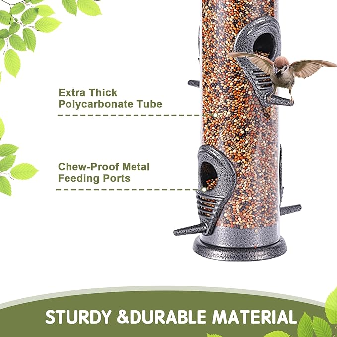 MIXXIDEA 2PK Metal Wild Bird Feeder Squirrel Proof Bird Feeders for Outside Hanging 6 Port Tube Bird Feeder Transparent Finch Feeder with Steel Hanger (Grey)