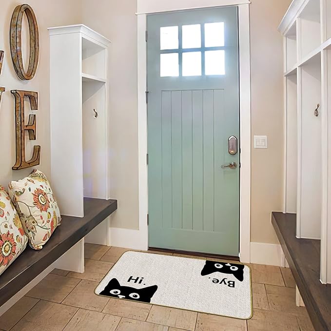 Mingnei Hi Bye Cat Welcome Doormat - Door Mat for Home Kitchen Entrance, Funny Black Cat Lover Floor Mat for Indoor/Outdoor Entryway Rug 30x17 (Color1)