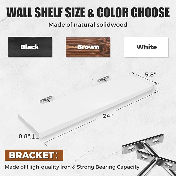 Floating Wall Shelves 2-Pack - 24-Inch Rustic White Wooden Shelves for Storage and Décor, Easy Installation for Living Room, Bedroom, and Kitchen
