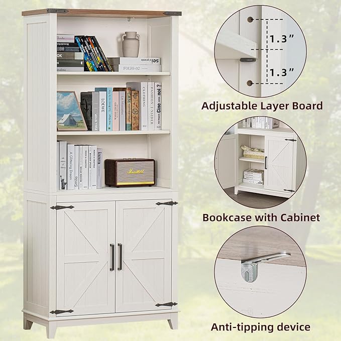 70in Tall Bookshelf 5 Tier Bookcase with Barn Doors and Storage Cabinet, White Farmhouse Book Shelf with Adjustable Shelves, Wood Freestanding Display Bookshelves for Bedroom, Kitchen (3PCS)