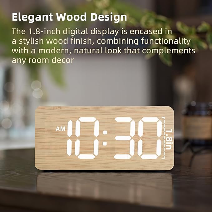 uscce Wooden Digital Alarm Clocks for Bedrooms: Dimmable Dual Alarm Clock with Large Numbers for Bedside Desk - Loud Alarm for Heavy Sleepers with Volume Control - Wood Decor & Gifts
