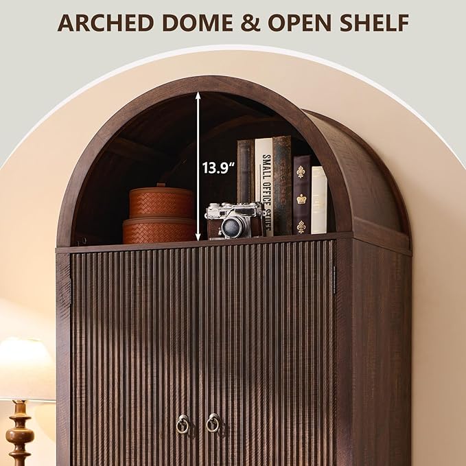71" Tall Arched Bathroom Storage Cabinet, Modern Fluted Storage Cabinet w/Doors, 3 Adjustable Shelves, 6 Door Shelves, Wood Freestanding Cabinet for Bathroom, Entryway, Hallway, Brown
