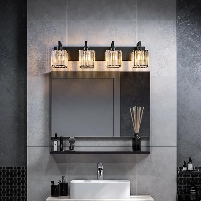Modern Crystal Bathroom Vanity Light 4-Lights Black Modern Crystal Wall Lamp Bathroom Modern Crystal Vanity Lighting