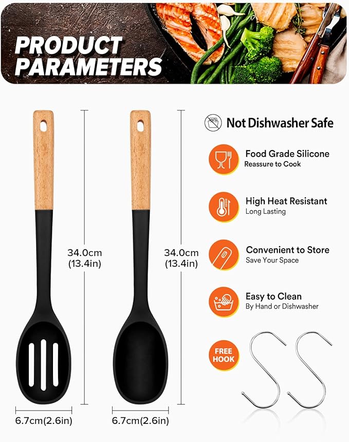 Silicone Cooking Spoons, Great for Scooping Sides and Serving Hearty Stews, BPA-Free Matte Silicone, Wooden Handle Serving Spoon for Nonstick Cooking Surfaces (Black)