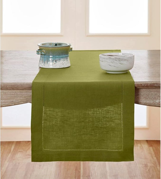 Solino Home Linen Avocado Green Table Runner 90 Inches Long - 100% Pure Linen Hemstitch 14 x 90 Inch Table Runner for Dining, Fall, Autumn, Thanksgiving - Classic Hemstitch