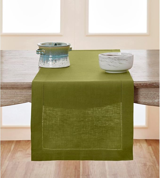 Solino Home Linen Hemstitch Table Runner 108 Inches Long - 100% Pure Linen Avocado Green Table Runner 14 x 108 Inch for Fall, Autumn, Thanksgiving - Classic Hemstitch