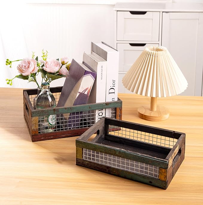 TIMRIS Set of 2 Rustic Wooden Countertop Baskets, Farmhouse Distressed Nesting Boxes, Small Decorative Wooden Storage Crates, Reclaimed Wood Organizer Baskets with Wire Mesh (Random)