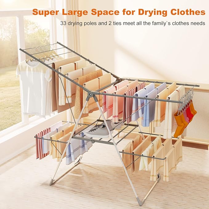 Bigzzia Clothes Drying Rack Foldable, 2-Level Large Laundry Drying Rack Collapsible, Stainless Steel Drying Rack Clothing for Indoor Outdoor, Easy to Fold, 33 Drying Rails, 142cm, Gray