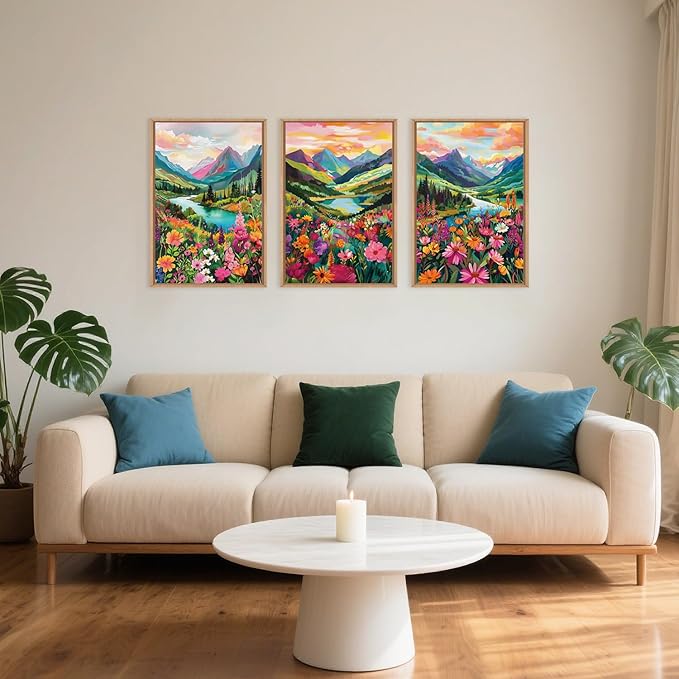 Wildflower Blossom Framed Canvas Wall Art Set, Colorful Flowers Painting, Abstract Landscape Wall Decor, Natural Ridge Floral Art Print for Living Room, Dining Room, Office - 16"x24"x3