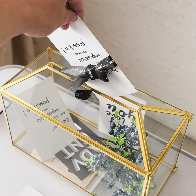 Glass Wedding Card Box with Slot, 12.6 inch Large Clear Card Box Gold Brass Gift Card Storage Box with Lock for Wedding Receptions, Baby Shower, Birthday Party, Bridal Shower