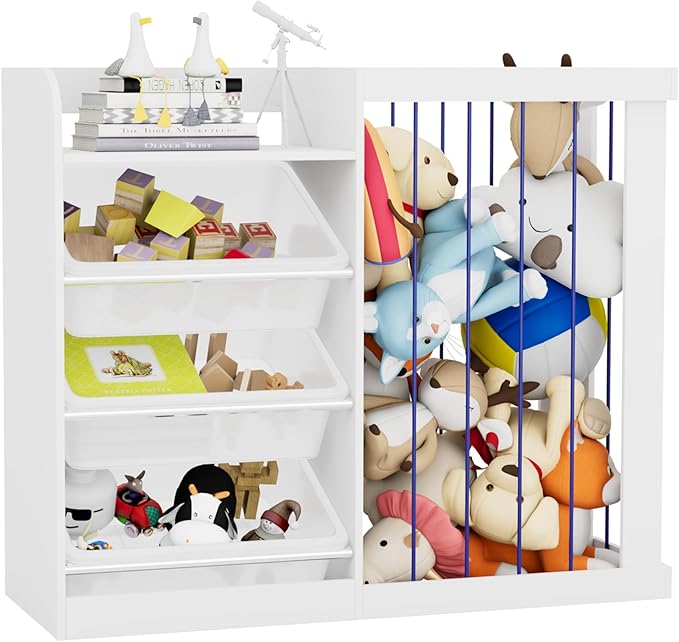 Kids Toy Storage Organizer with 3 Removable Plastic Bins Toddler Montessori Bookshelf with Stuffed Animal Net Holder Baby Bookcase Plush Organizer for Playroom, Bedroom,,Kids Room,Classroom,Nursery