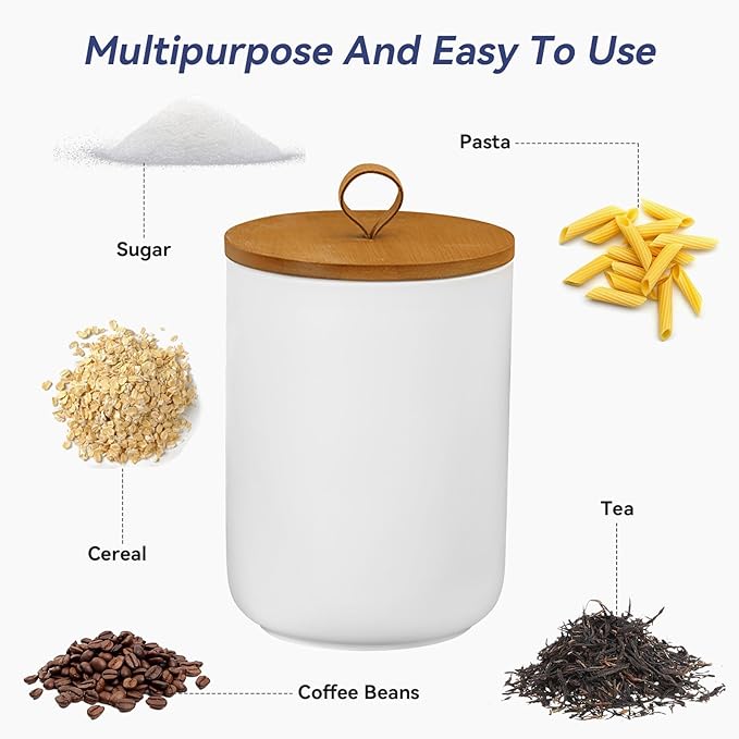 Ceramic Storage Jars, Modern Elegant Highly Polished Airtight Gorgeous Storage Canisters with Wooden Lid Small Food Stroage Jar for Kitchen Spice Tea Vanilla Sugar Coffee Beans (White trumpet)
