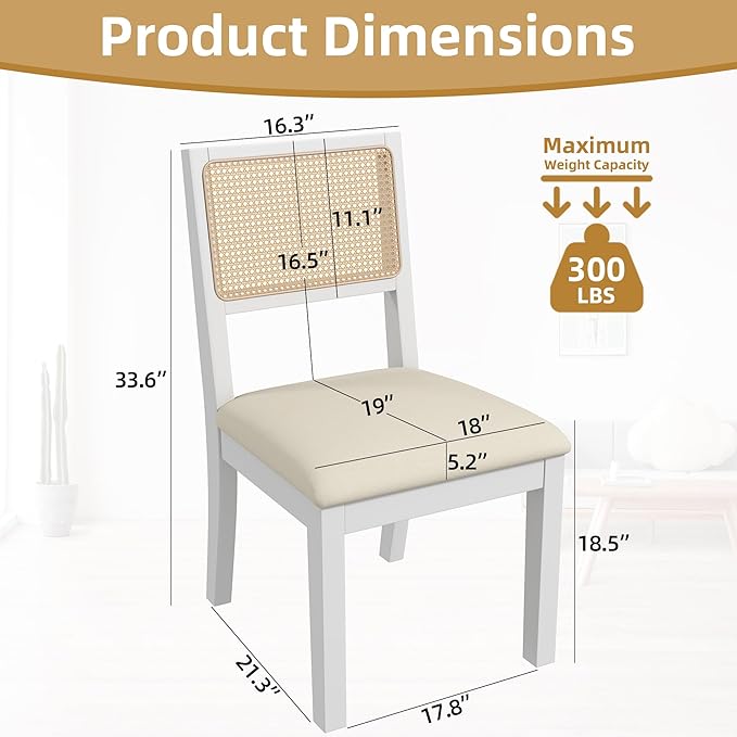 Westice Rattan Dining Chairs Set of 4, Farmhouse Natural Dining Room Chairs with Upholstered Cushion, Wood Armless Chairs for Kitchen/Restaurant, White