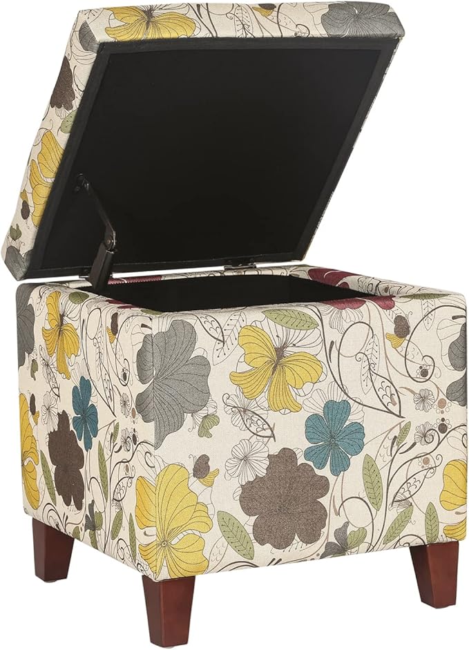 Adeco 18 Inch High Cube Ottoman Storage, Floral Printed Linen Chair Foot Stools, Upholstered Vanity Stool with Hinged Lid, Solid Wood Legs